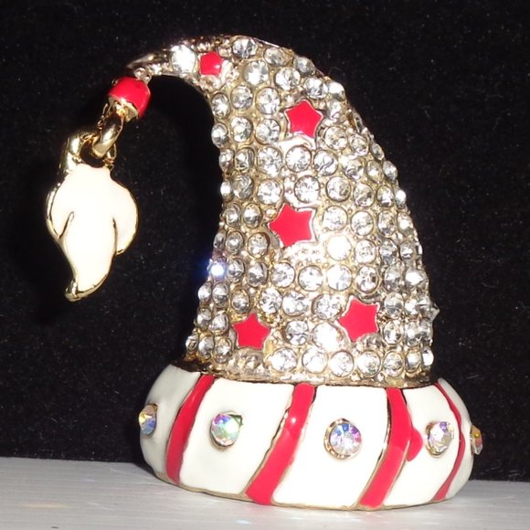 SANTA HAT CHRISTMAS Pin or Pendant CRYSTAL with ENAMEL Accents Boxed - Picture 1 of 4